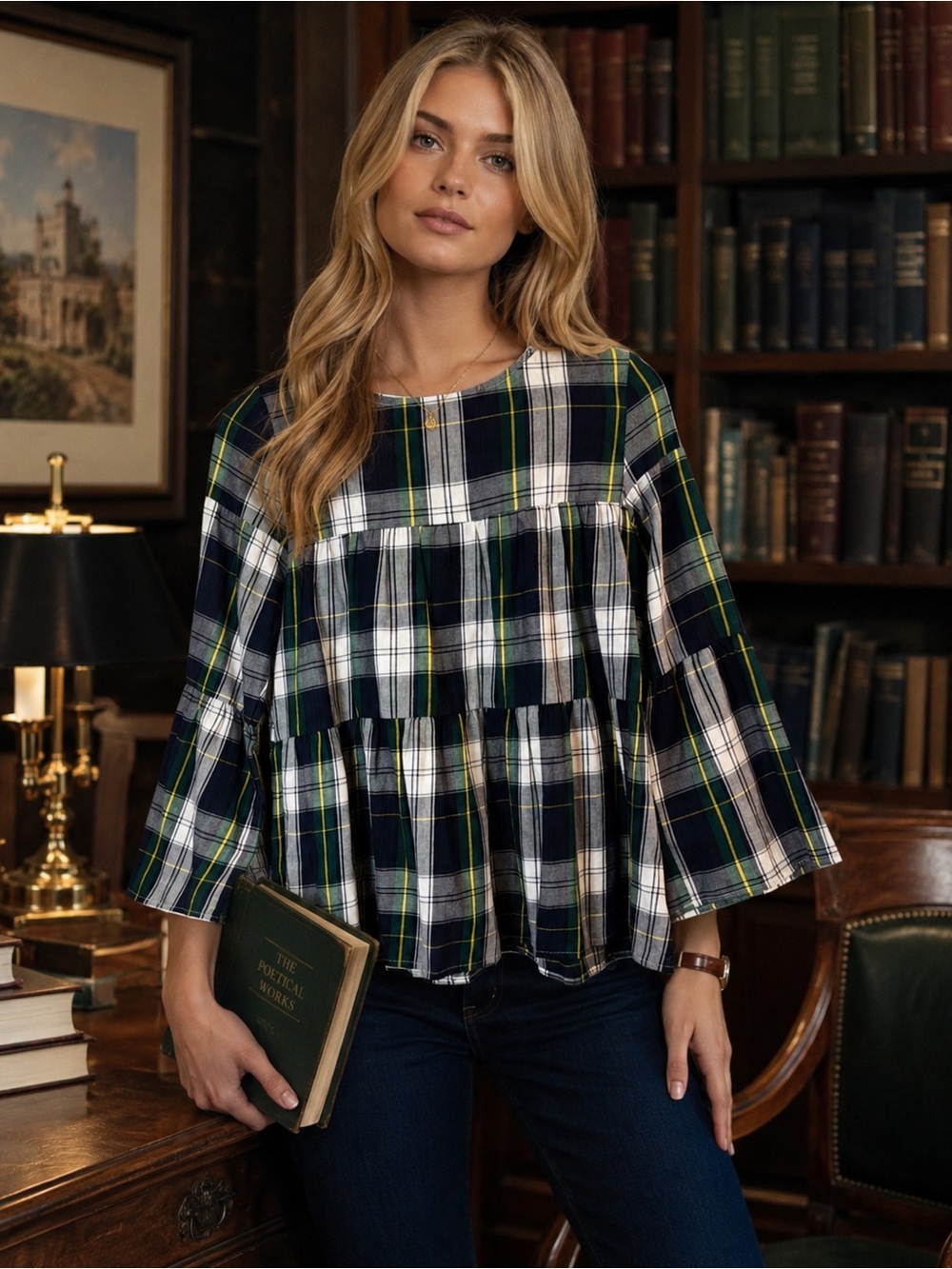 LaRoque Original Plaid Peplum Top Small USA Made Bell Sleeve Preppy Fall Blouse